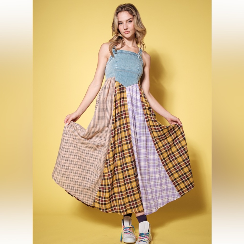 27 Boho Denim Multi Fabric Pleated Suspender Maxi Dress - Picture 3 of 7